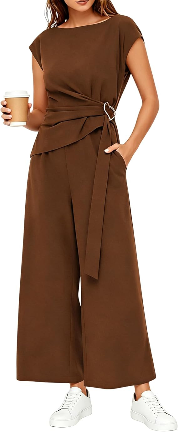 Tanming Womens 2 Piece Sets Summer Lounge Sets Cap Sleeve Buckle Top Wide Leg Pant Airport Vacati... | Amazon (US)