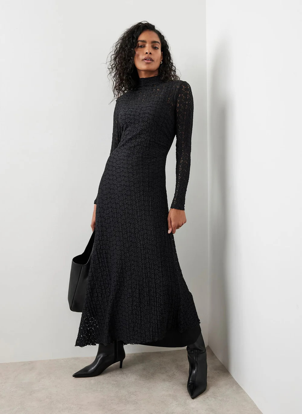 Black Lace Asymmetric Midi Dress | Mint Velvet