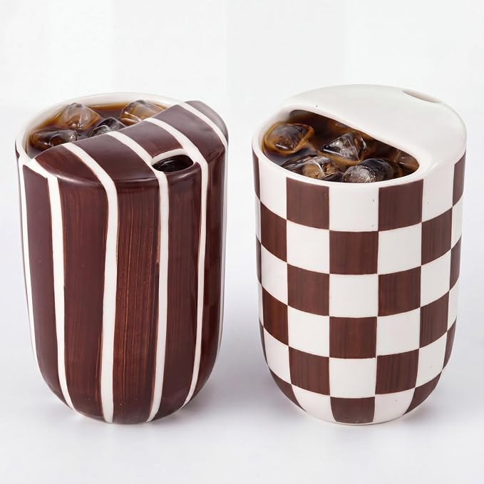 Hushee 2 Pack 16 oz Ceramic Coffee Mugs with Sip Hole, Retro Hand-painted Ceramic Travel Mug, Bro... | Amazon (US)