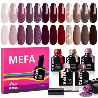 MEFA Gel Nail Polish Set, 12 Colors Burgundy Red Gel Polish Set Champagne Gold Glitter Nail Polish Gel Soak Off Dark Red Purple Shimmer Nude Brown Gel | SHEIN