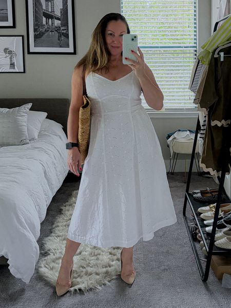 White dress season. Broderie angliase dress. White dress season. 

Wearing a size L for reference. 
5ft 2.5. 
Regularly size 8/10US

#LTKover40 #LTKmidsize #LTKfindsunder50