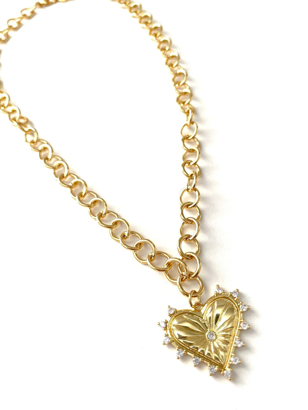 18k Gold Filled Heart Necklace Radial Spiked Pendant Charm Chunky Ring Link Paperclip Chain | Etsy (US)