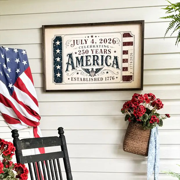 America's 250th Birthday Horizontal Canvas Printed Sign | Antique Farm House