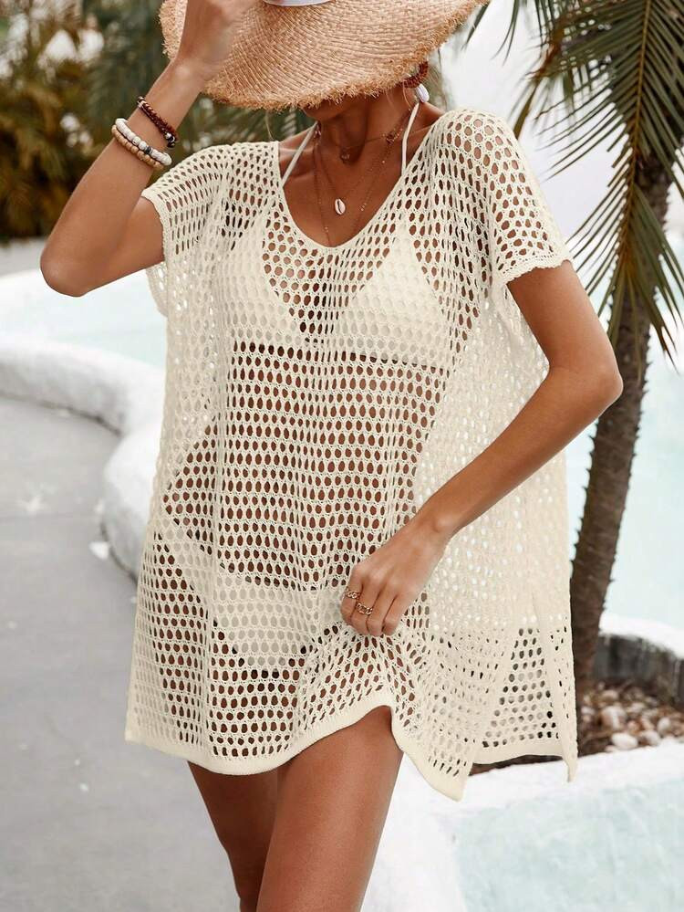 Swim Vcay Summer Beach Hollow Out Dolman Sleeve Split Hem Cover Up Dress Without Bikini Set | SHEIN