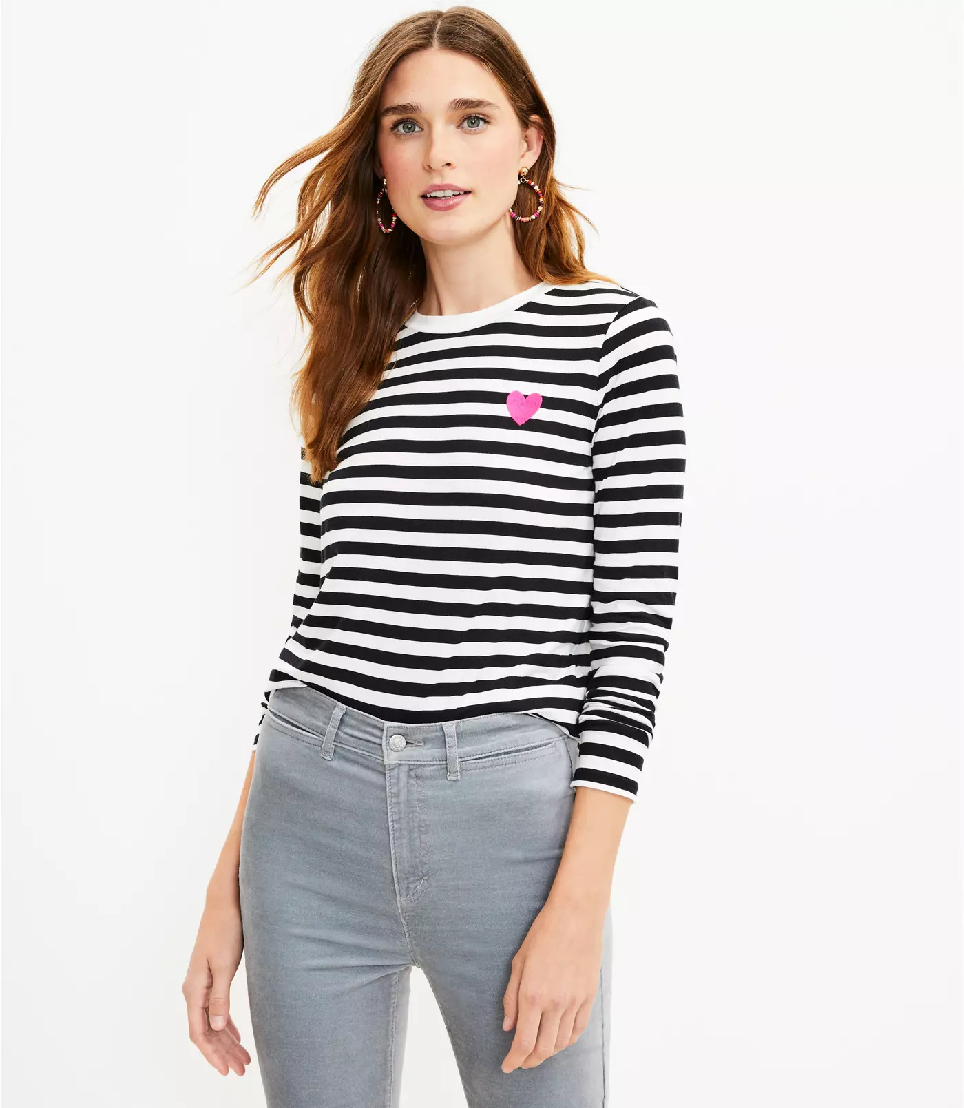 Heart Stripe Long Sleeve Everyday Crew Tee | LOFT