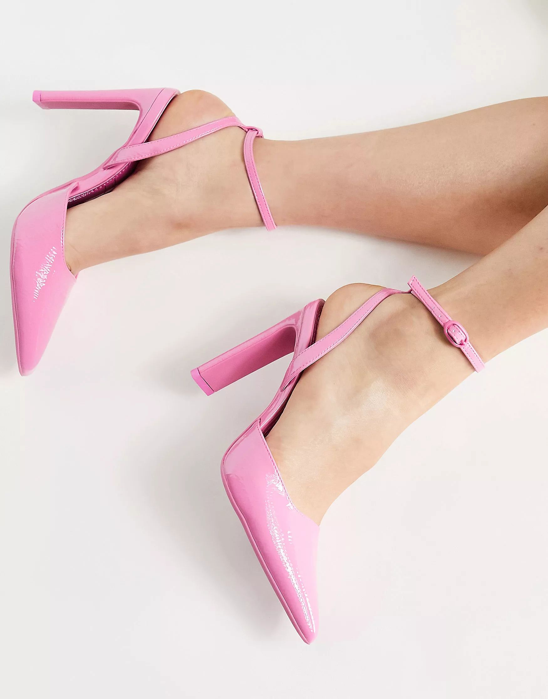 Bershka vinyl strappy heeled pumps in pink | ASOS (Global)