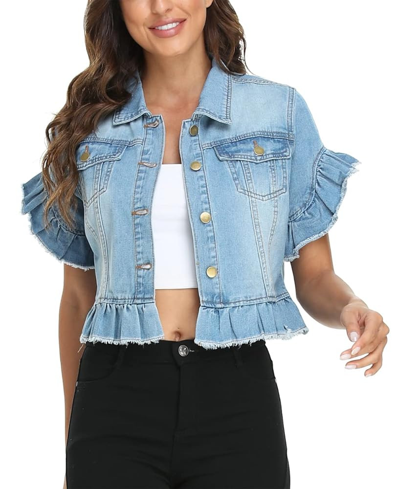 MISS MOLY Women's Denim Jacket Ruffle Sleeve Button Down Distressed Summer Cropped Jean Jackets | Amazon (US)