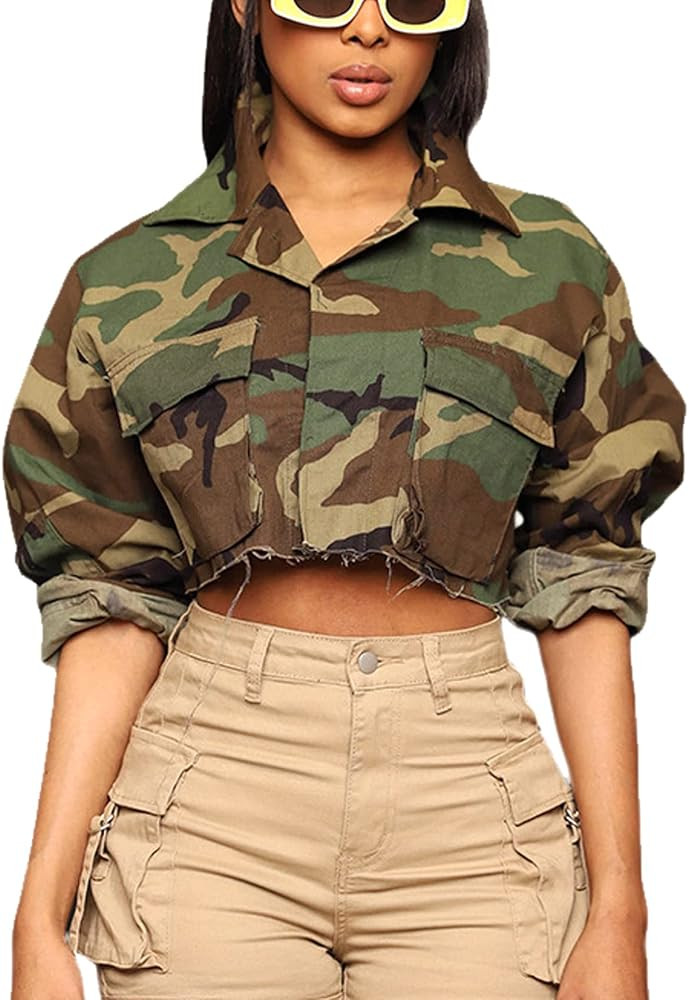 Camo Jacket for Women Cropped Denim Bomber Jacket Army Fatigue Camouflage Jacket Coat | Amazon (US)