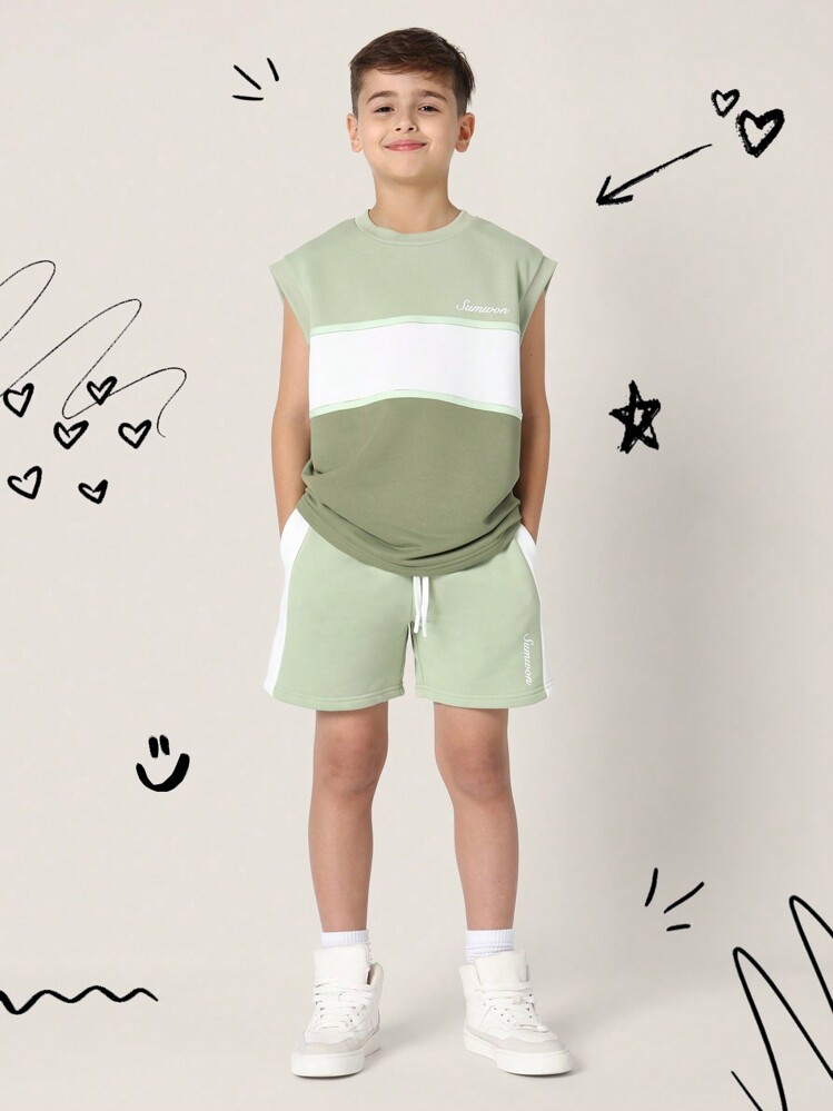 SUMWON Two-Tone Color Block Tank Top Athletic Co-Ord Set Boys Sports Summer Tracksuit Sleeveless Running Basketball Training Wear Set Vacation | SHEIN