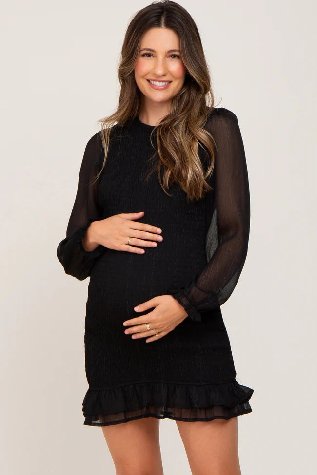 Black Metallic Shimmer Smocked Maternity Mini Dress | PinkBlush Maternity