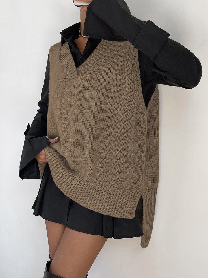 SHEIN Essnce Split High Low Hem Sweater Vest Without Shirt | SHEIN
