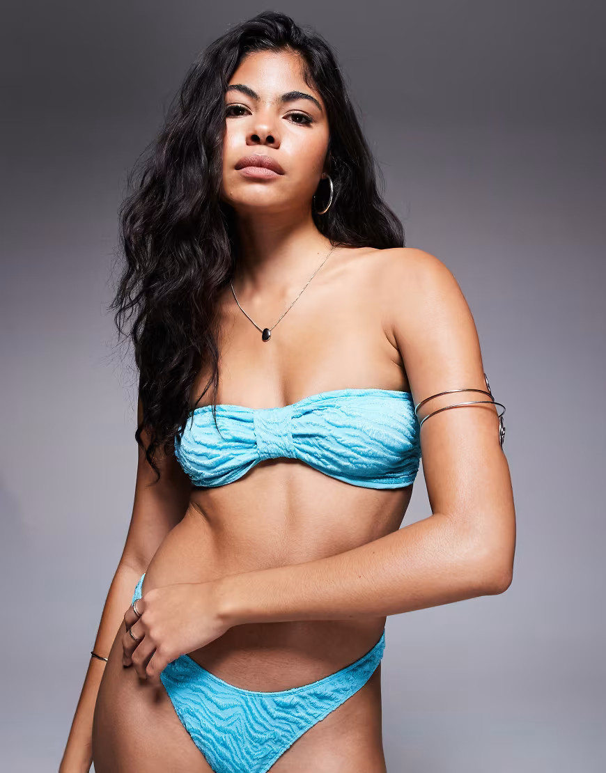 ASOS DESIGN Maria textured knot front bandeau bikini top in turquoise-Blue | ASOS (Global)