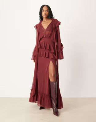ASOS DESIGN long sleeve ruffle maxi dress in plain burgundy | ASOS | ASOS (Global)