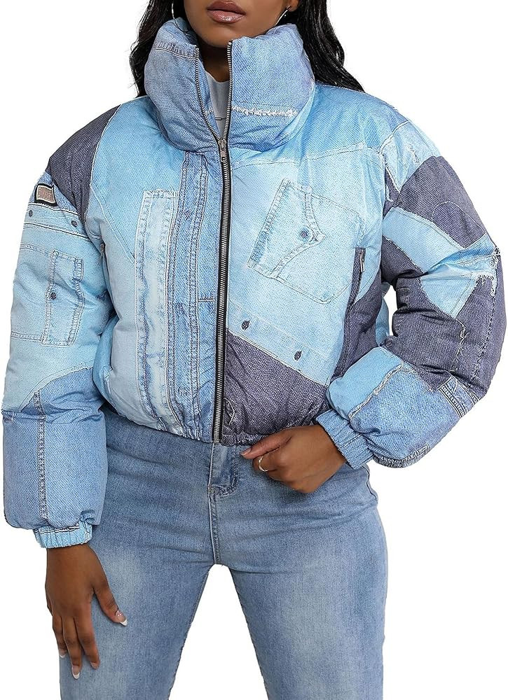 CORIRESHA Women's Cropped Puffer Jacket Zip Denim Printed Winter Warm Padded Down Coats | Amazon (US)