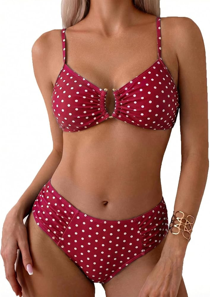 Fanuerg Women's Ruched Bikini Sets U-Wire Linked Two Piece Swimsuit Mid Waist 2025 Swim Bathing S... | Amazon (US)