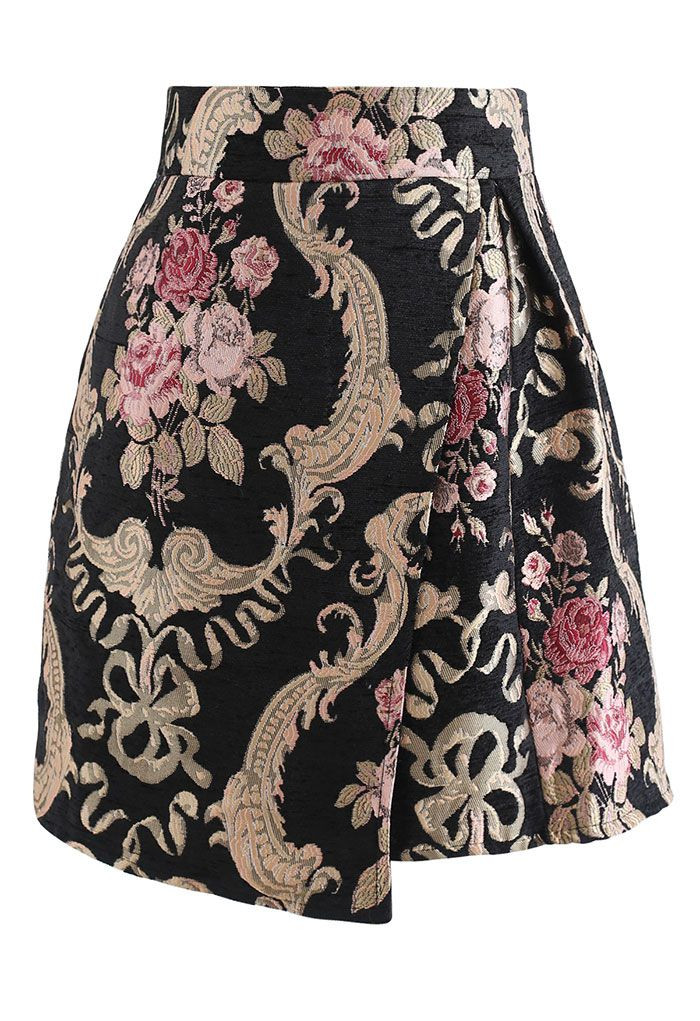 Baroque Peony Jacquard Flap Mini Skirt | Chicwish