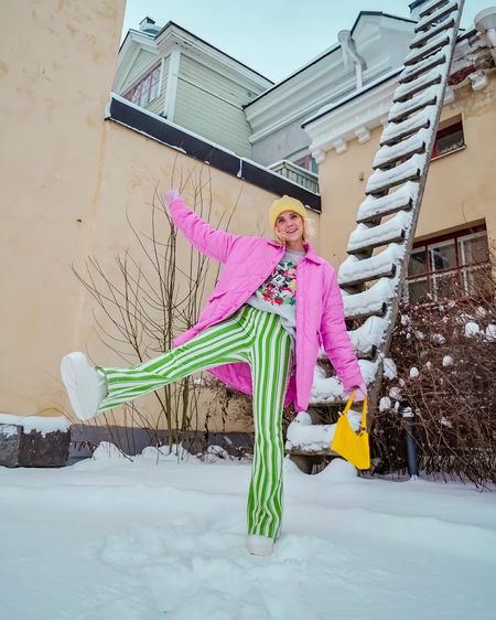 Pastel style winter look! Pink puffer coat and green striped pants. 

#LTKHoliday #LTKstyletip #LTKeurope