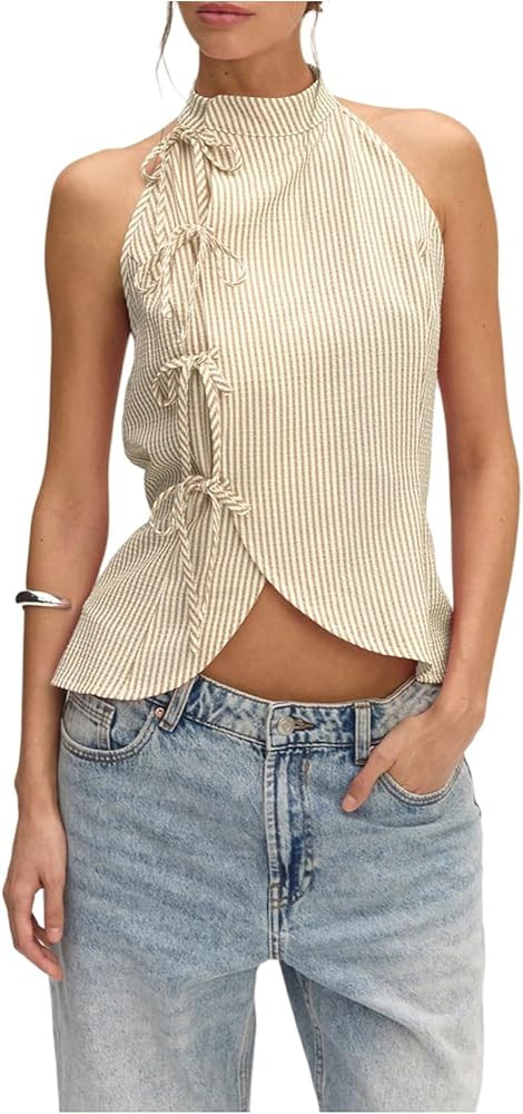 Milumia Women's Striped Tie Front Halter Top Sleeveless Open Back Wrap Asymmetrical Hem Tank Tops | Amazon (US)