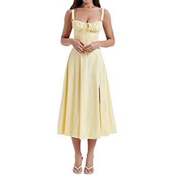 FRECOCCIALO Summer Floral Corset Midi Dress 2023 Square Neck Split Slit Bustier Dresses Boho Flow... | Amazon (UK)