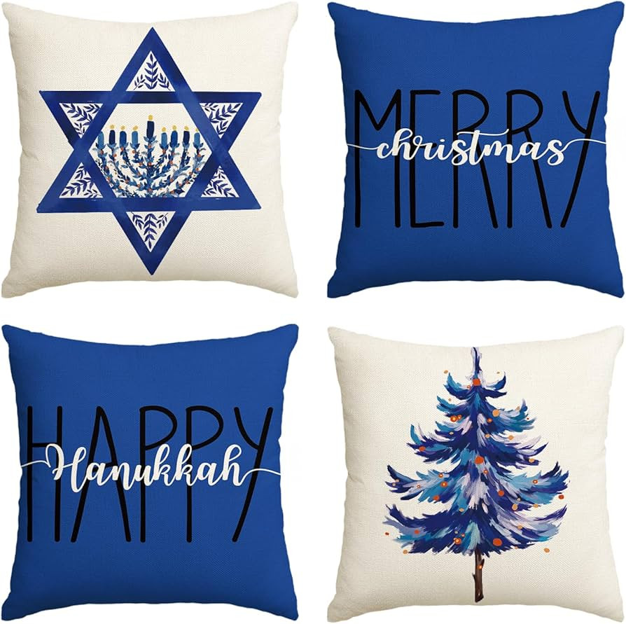 AVOIN colorlife Merry Christmas Happy Hanukkah Throw Pillow Covers, 18 x 18 Inch Holiday Tree Sta... | Amazon (US)