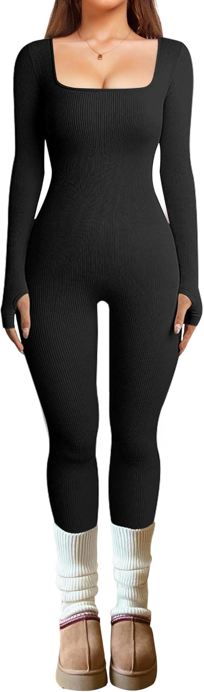 OLCHEE Womens Long Sleeve Workout Jumpsuit Square Neck Ribbed Seamless Yoga Romper Sexy Bodycon T... | Amazon (US)
