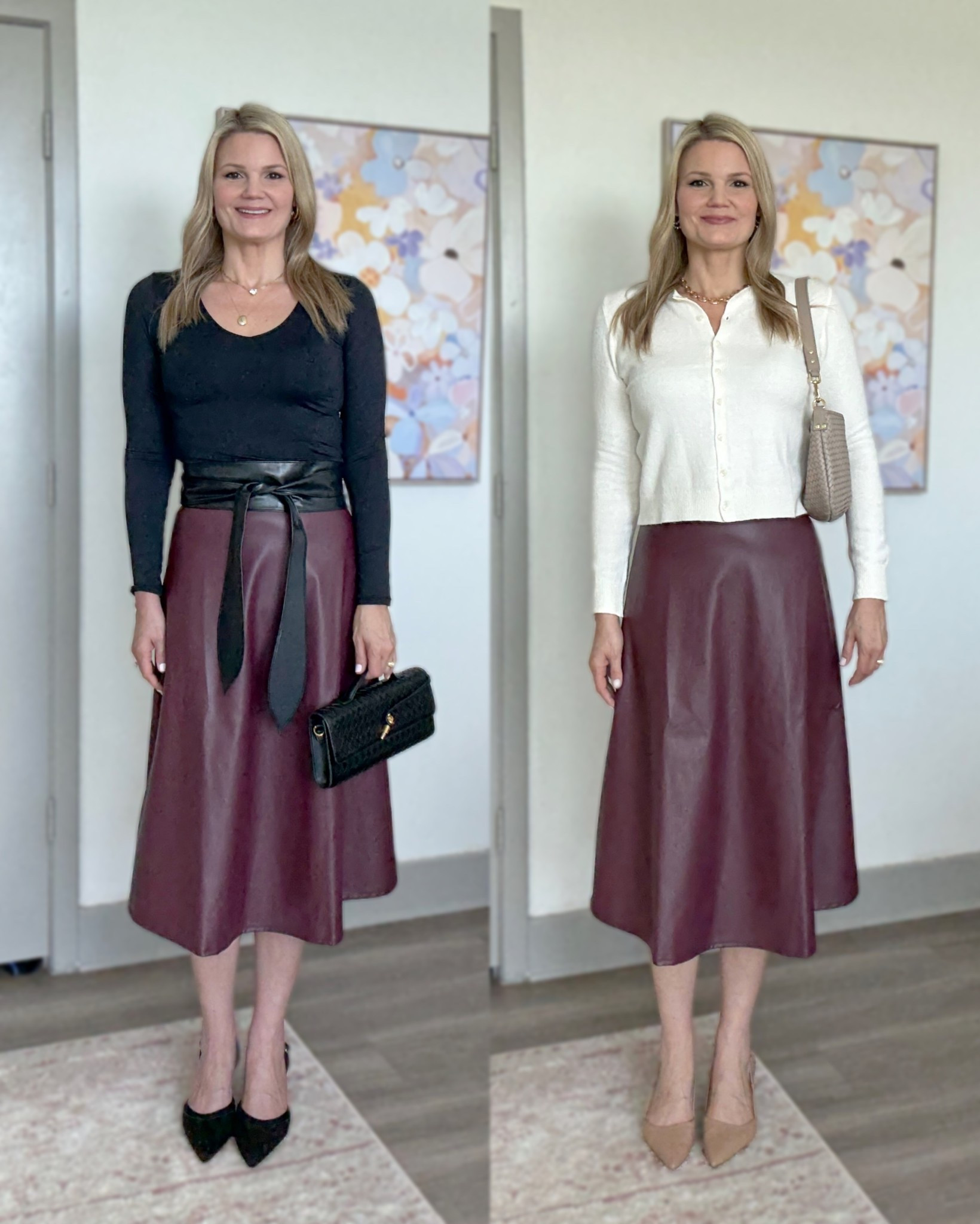 Faux leather midi elastic-waist skirt styles two ways. Wearing the size small  

#LTKSeasonal #LTKOver40 #LTKTall
