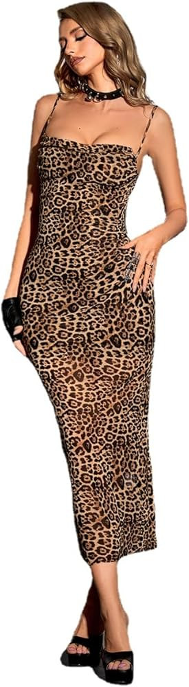 YISHATIER Women's Leopard Print Draped Collar Spaghetti Strap Cami Long Dress Party Rave Prom Mid... | Amazon (US)