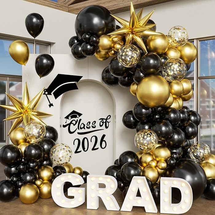 Black Gold Balloon Arch Kit Graduation Decorations 2026, 130Pcs Black and Gold Balloons and Foil ... | Amazon (US)