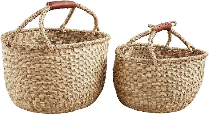 Mud Pie Wrapped Handle Basket Set; small 14 1/2" x 13 1/2" dia | large 17 1/2" x 15 1/2" dia | Amazon (US)