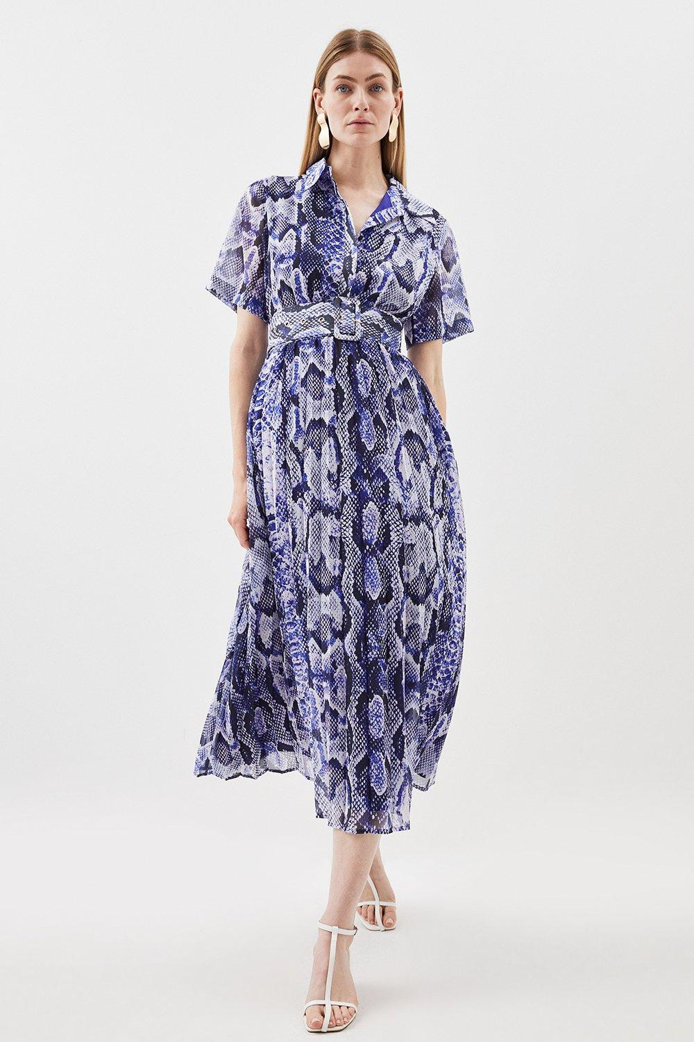 Snake Printed Georgette Pleated Midi Shirt Dress | Karen Millen US