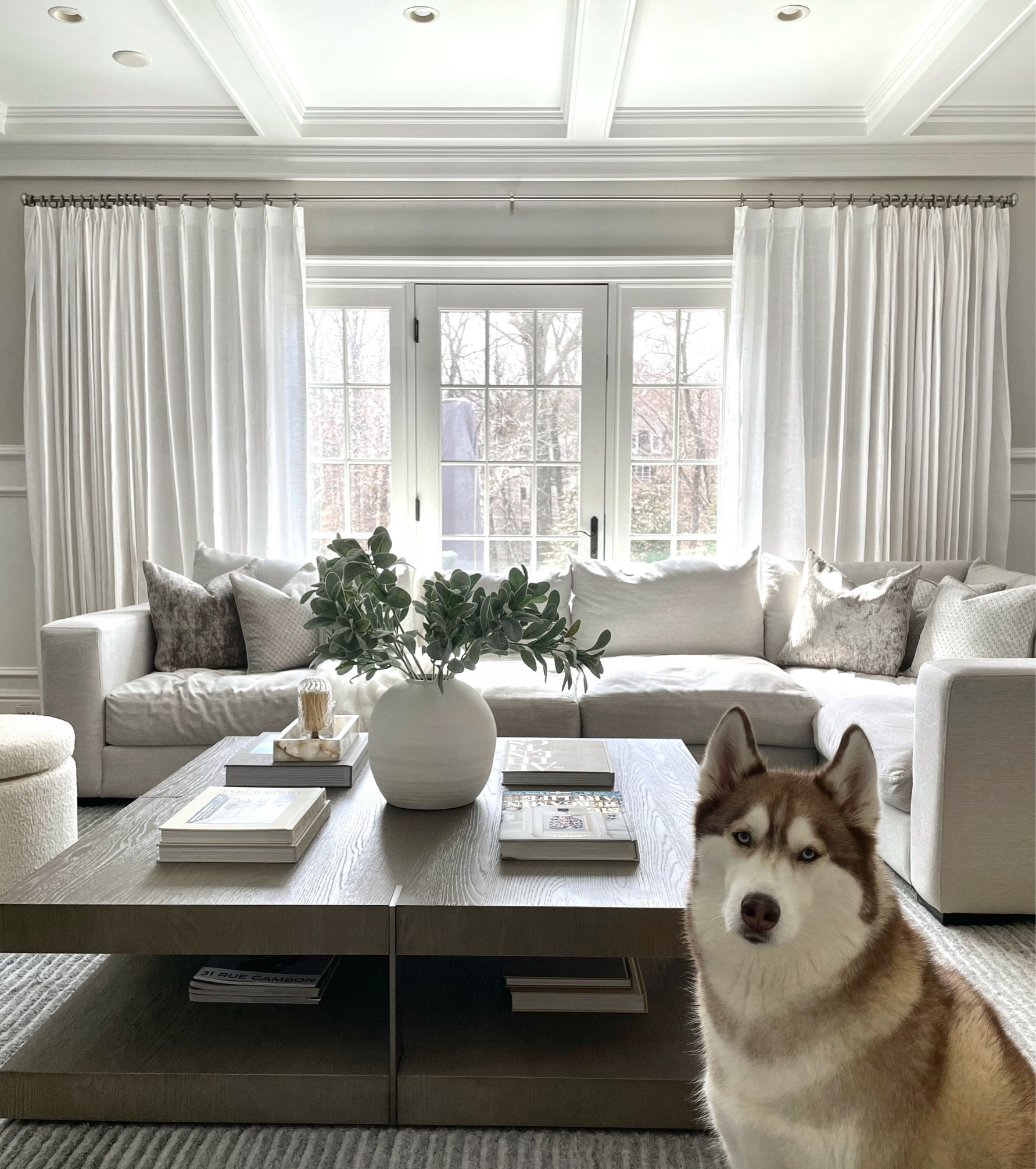 Shop my family room. Coffee table is from Restoration Hardware and curtains are from TwoPages, details below. 

Jawara Collection
Color: White Style# J401-1
Triple Tailor Pleat
Unlined
Body Memory Shaped
100"W x 96"L

#LTKfamily #LTKFind #LTKhome