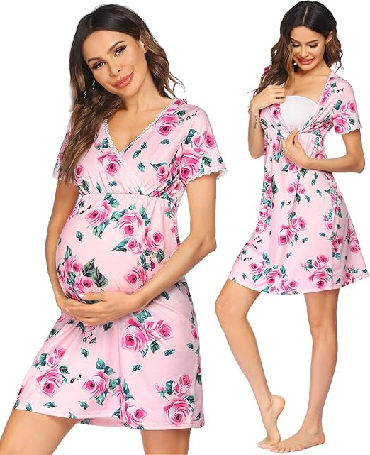 Ekouaer Women 3 in 1 Delivery/Labor/Maternity/Nursing Nightgown Short Sleeve Pleated Breastfeedin... | Amazon (US)