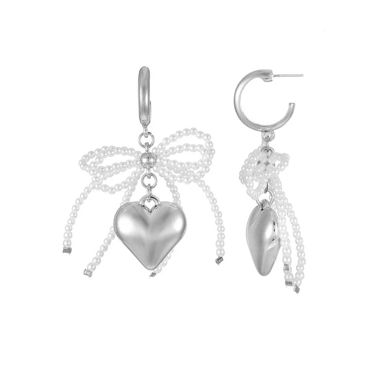 No Boundaries Silver-Tone Hoop Earrings with Heart and Bow Charms, 1-Pair, Women’s | Walmart (US)