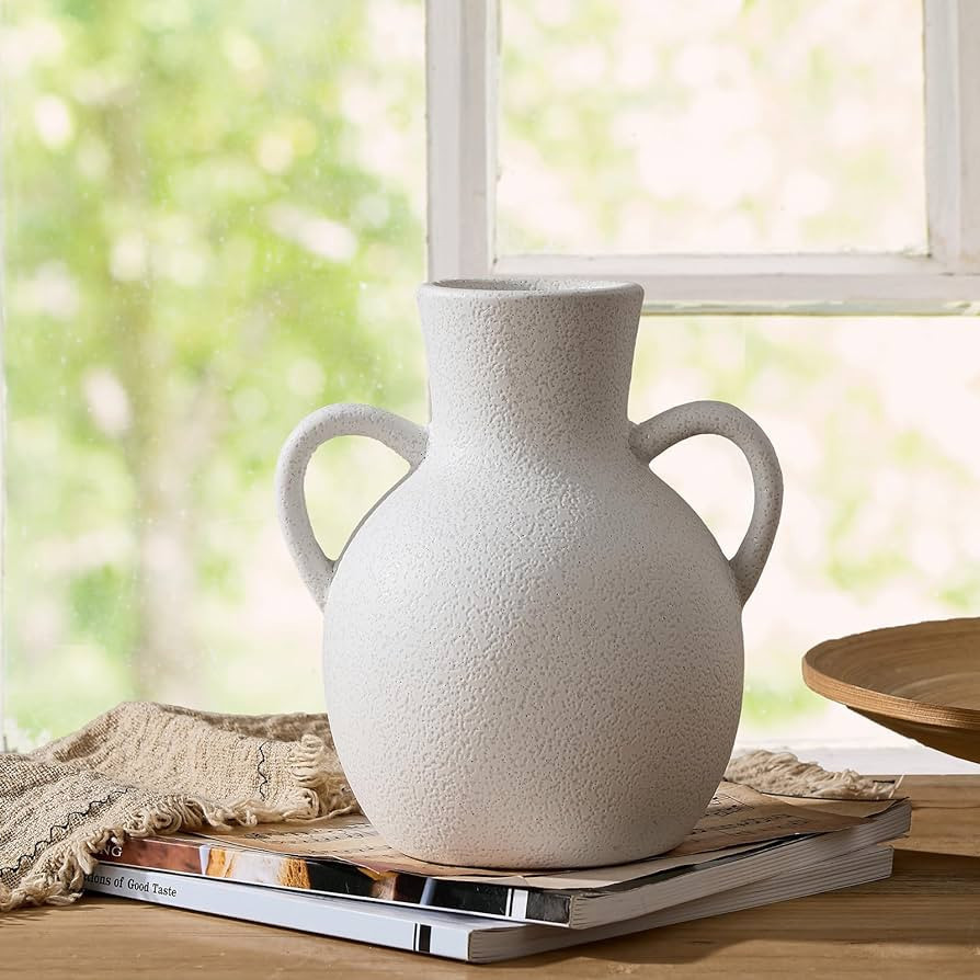 SIDUCAL Ceramic White Vase with 2 Handles, Modern Farmhouse Vase for Home Decor, Decorative Pampa... | Amazon (US)