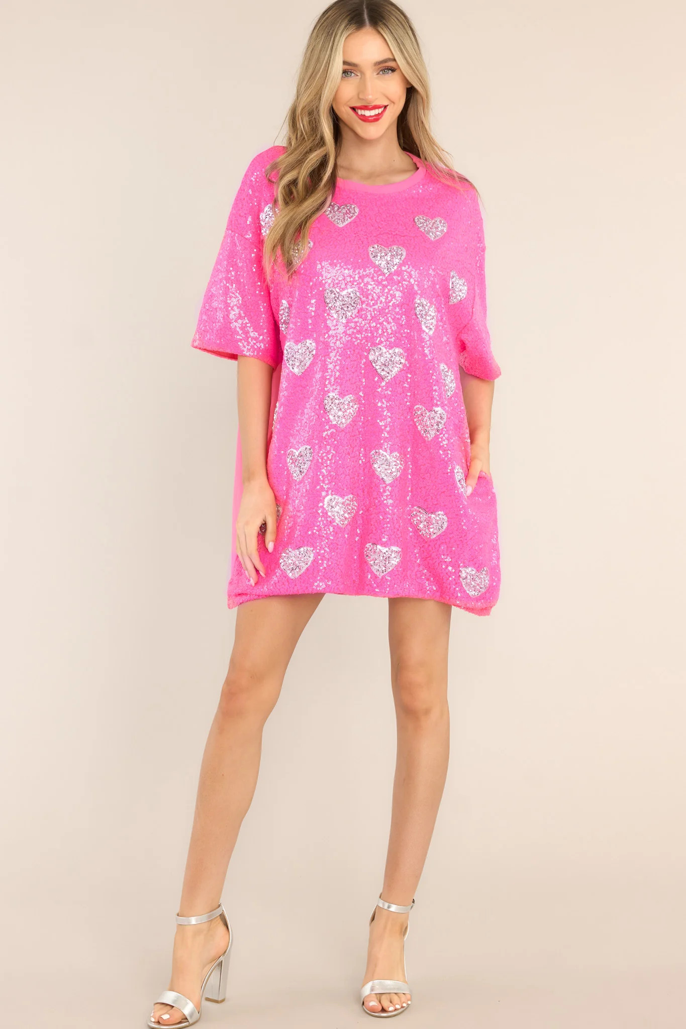 The Moment Hot Pink Sequin Heart Shirt Dress | Red Dress 