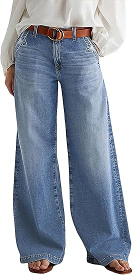 Flamingals Wide Leg Jeans for Women Mid Waist Baggy Stitch Decor Denim Washed Pants Without Belt | Amazon (US)