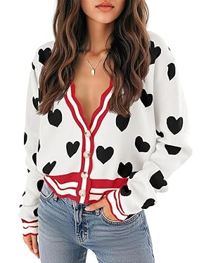 Saodimallsu Womens Cute Heart Cardigan Sweaters Button V Neck Long Sleeve Color Block Knit Valent... | Amazon (US)