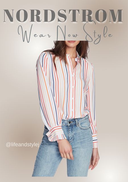 Whether you're lounging by the pool or exploring a new destination, this shirt will keep you feeling cool and looking stylish. Pair it with denim shorts and sandals for a casual daytime look, or dress it up with white trousers and wedges for an evening out. Embrace the laid-back elegance of summer with the Tropical Stripe Ruffle Detail Button-Up Shirt. 

#LTKfindsunder50 #LTKsalealert #LTKover40