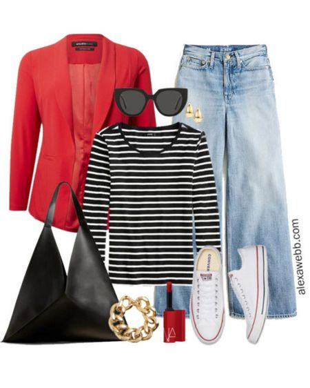 Plus Size Red Blazer and Jeans Outfit - A plus size casual outfit idea with wide leg jeans, a striped tee, a red blazer, and converse sneakers by Alexa Webb

#LTKplussize #LTKshoecrush #LTKstyletip