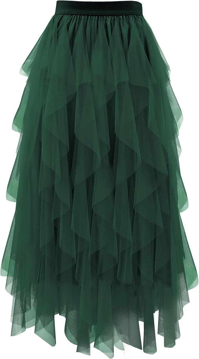 Tulle Skirts for Women A Line Fairy Tiered Skirt Midi Length High Elastic Waist Long Skirt | Amazon (US)