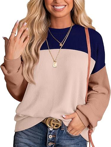 WIHOLL Womens Fashion 2024 Color Block Long Sleeve Crewneck Knitted Ribbed Shirts Tunic Tops Casu... | Amazon (US)