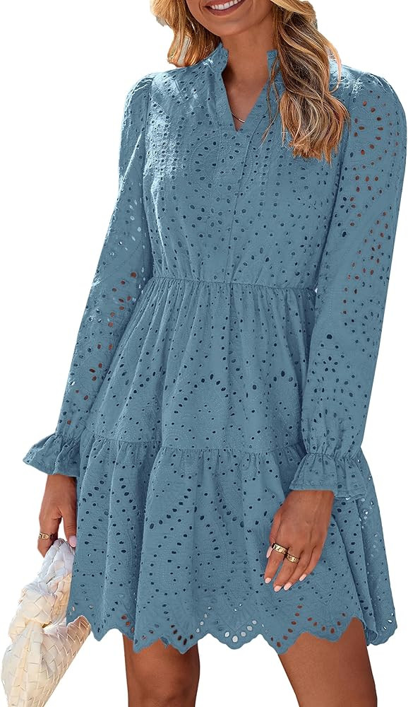 PRETTYGARDEN Women's Spring 2025 Long Puff Sleeve Mini Dress Hollow Out Lace V Neck A Line Ruffle... | Amazon (US)