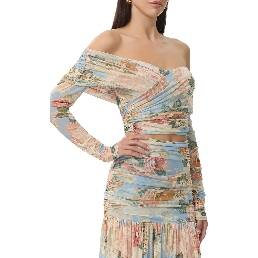 AFRM Dido Floral Off the Shoulder Crop Top in Soft Slate Bloom at Nordstrom Rack, Size Large | Nordstrom Rack