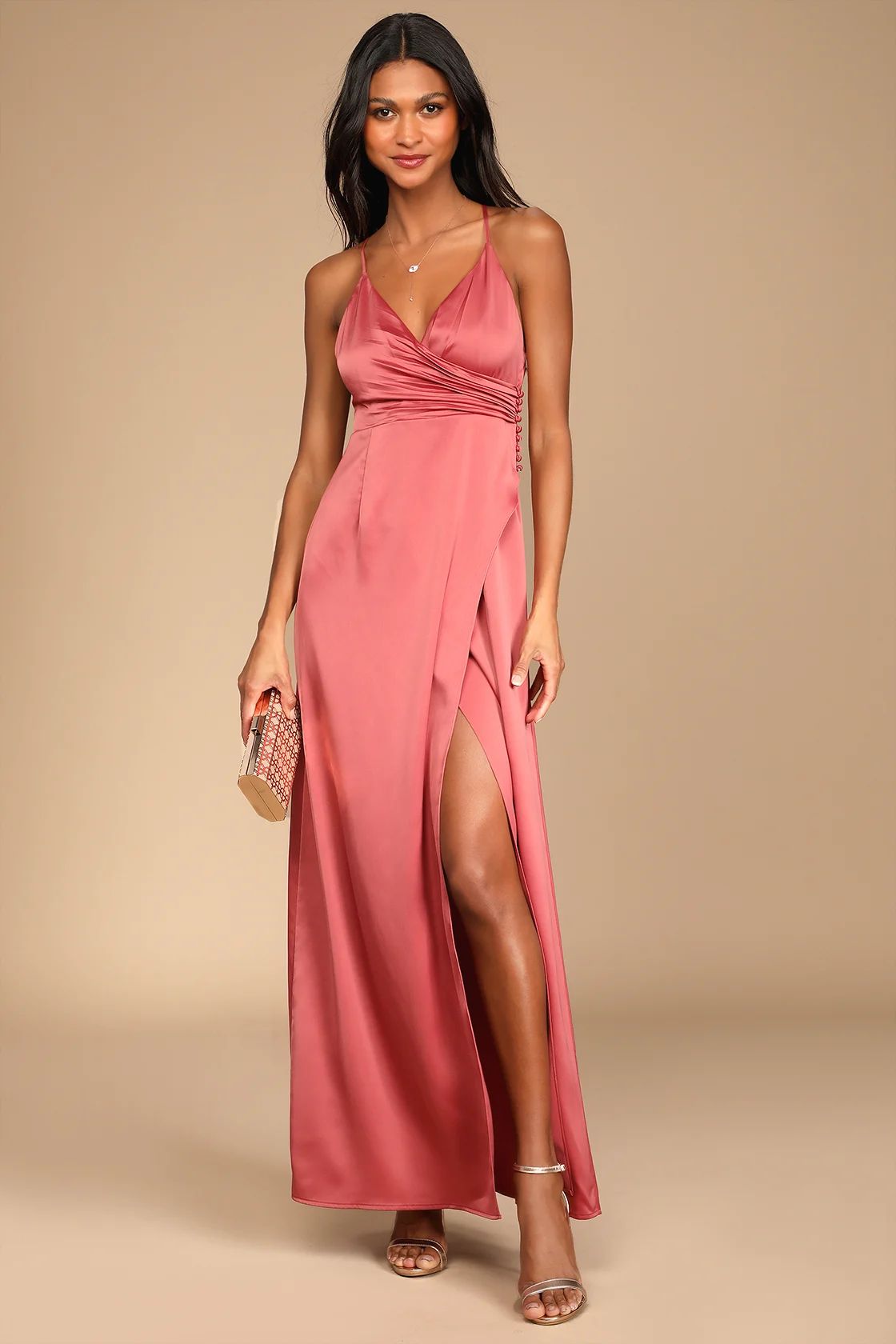 Outstanding Elegance Deep Rose Satin Surplice Maxi Dress | Lulus (US)