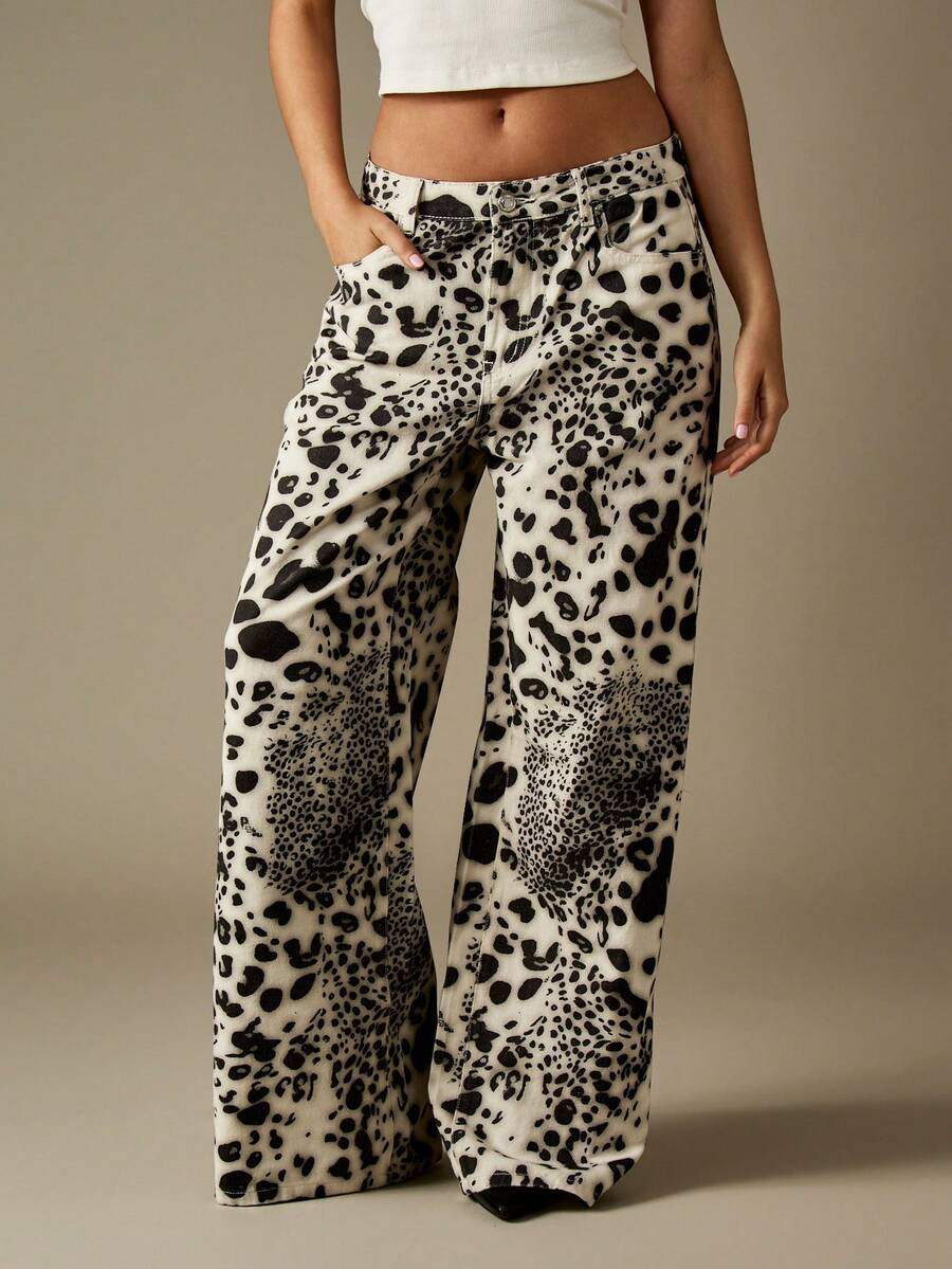 MISSGUIDED Mid Rise Baggy Printed Denim Jeans With Leopard Dalmatian Animal Print Wide Leg Palazz... | SHEIN