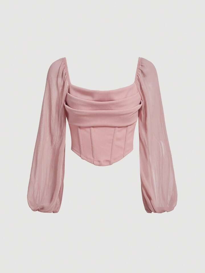 SHEIN MOD Lantern Sleeve Ruched Bustier Bandana Hem Crop Top | SHEIN