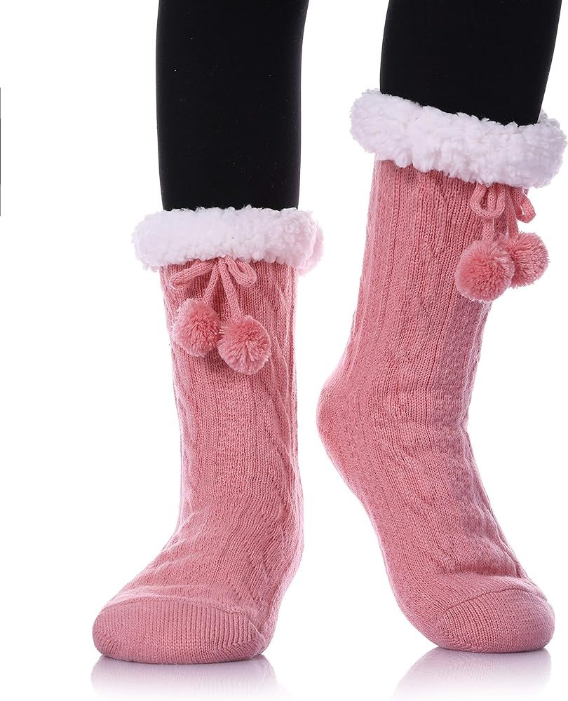 Women's Diamond Cable Knit Super Soft Warm Cozy Fuzzy Fleece-lined Winter Slipper Socks | Amazon (US)