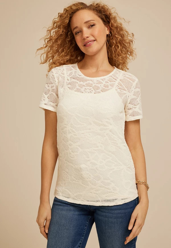 Textured Floral Short Sleeve Tee | Maurices