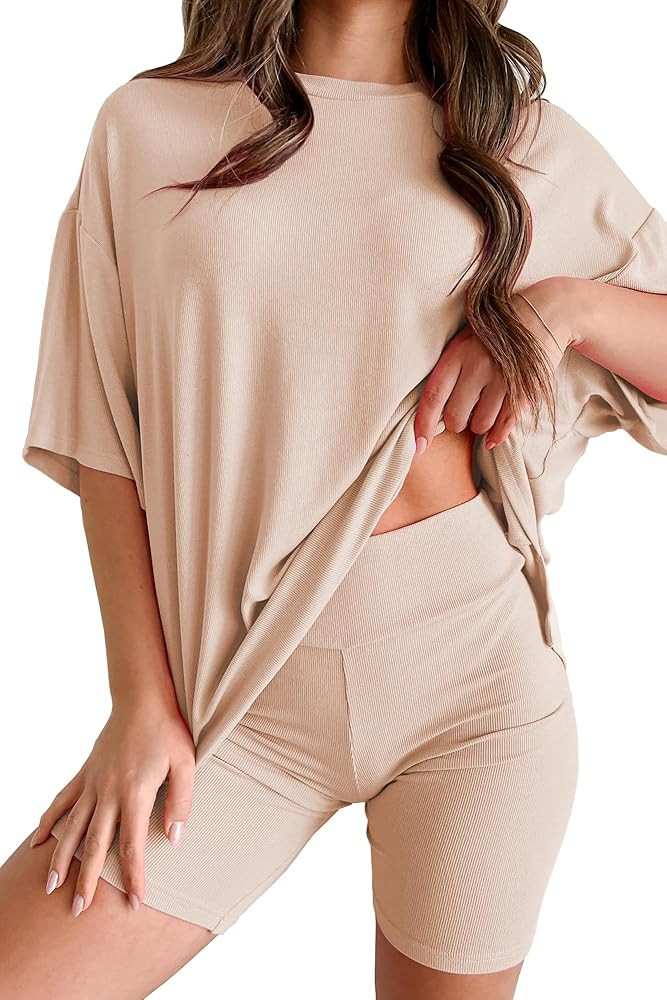Womens 2 Piece Lounge Set 2025 Summer Travel Outfit Casual Short Sleeve Oversized Tshirts & Biker... | Amazon (US)