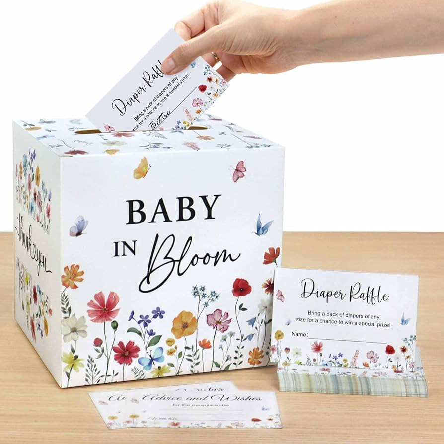 Baby in Bloom Baby Shower Decorations Diaper Raffle Box with 50 Tickets, Girls Wildflower Diaper ... | Amazon (US)
